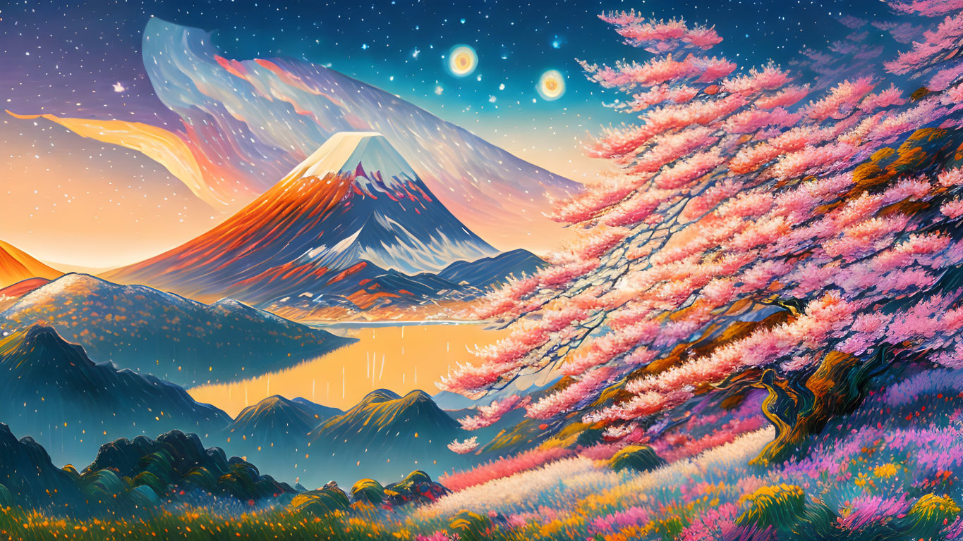 Majestic mountain, cherry blossoms, hills, two moons in vibrant landscape