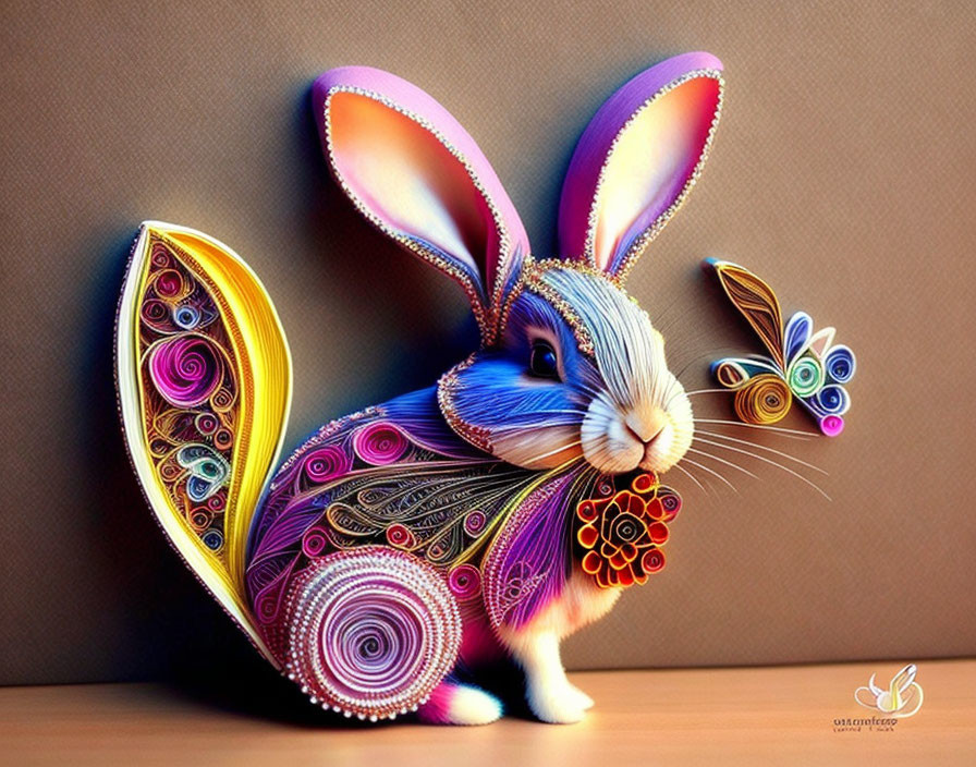 Colorful rabbit and butterfly quilled paper artwork in vibrant hues.