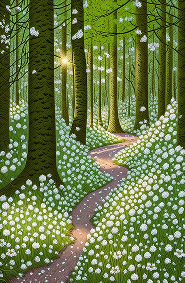 Sunlit Forest Path with White Flowers and Tall Trees