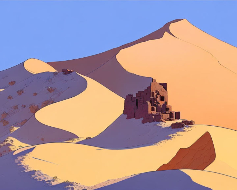 Digital illustration of desert sand dunes with ancient building