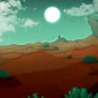 Desert landscape with green moon, rocks, and vegetation