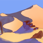 Digital illustration of desert sand dunes with ancient building