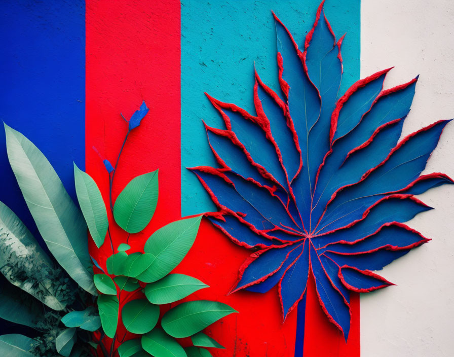 Colorful red and blue painted wall with 3D blue leaf sculpture and green leaves.