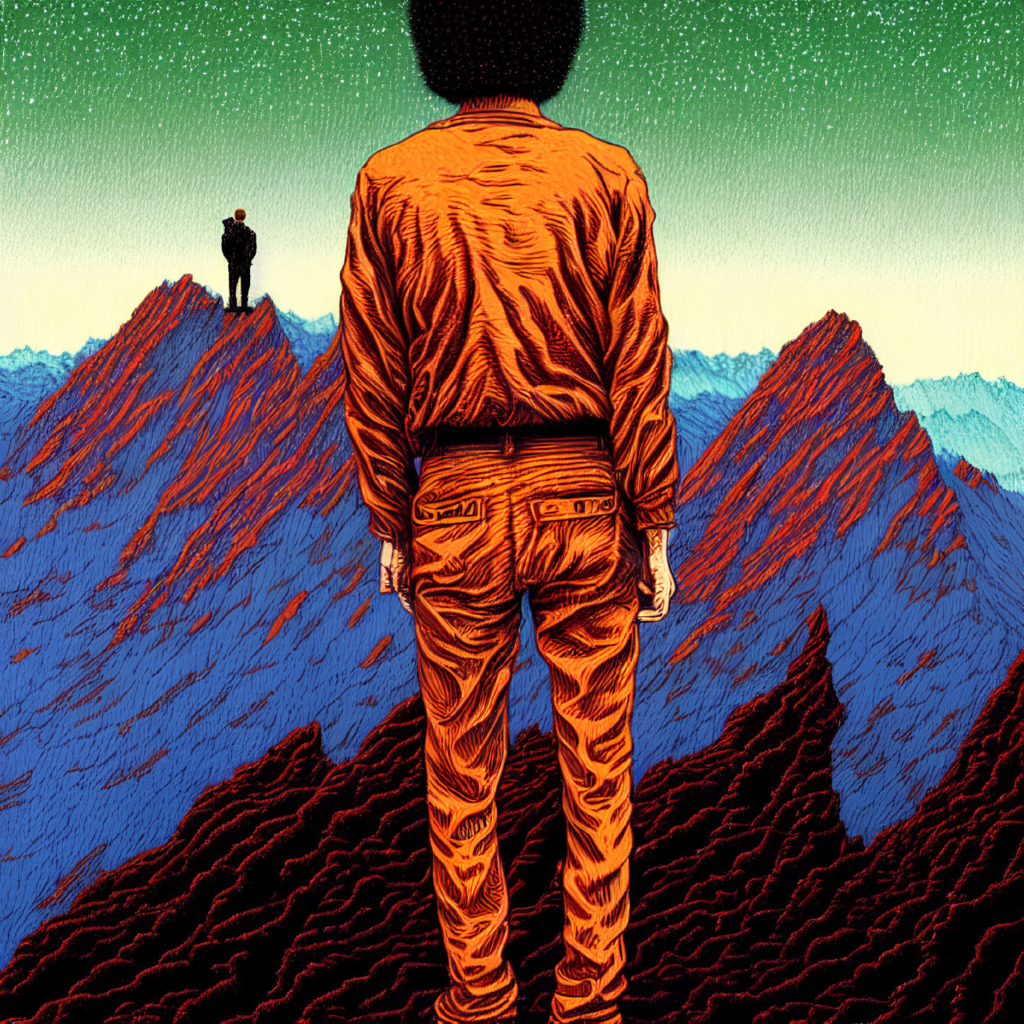 Two figures in orange outfits under starry sky with mountainous landscape