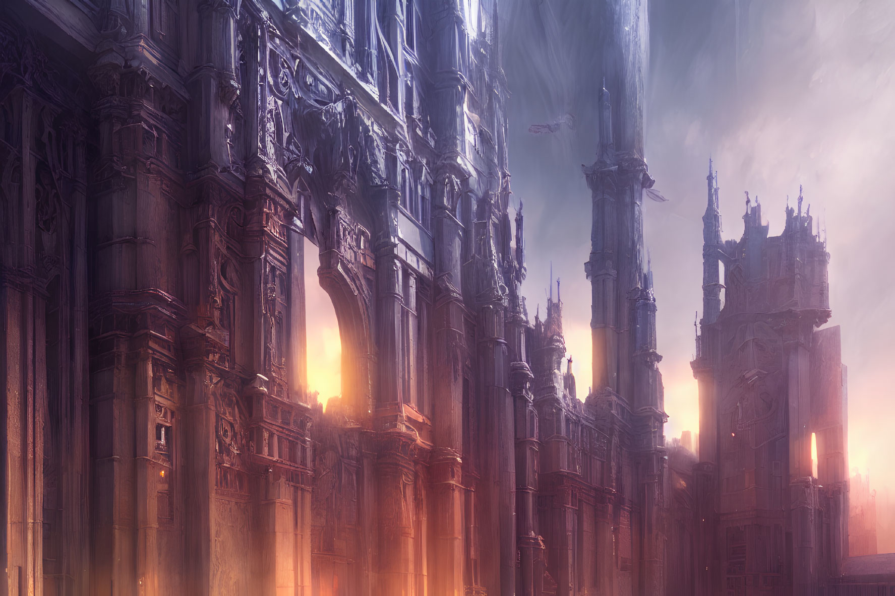 Gothic-style fantasy cityscape at dusk with glowing windows and misty ambiance