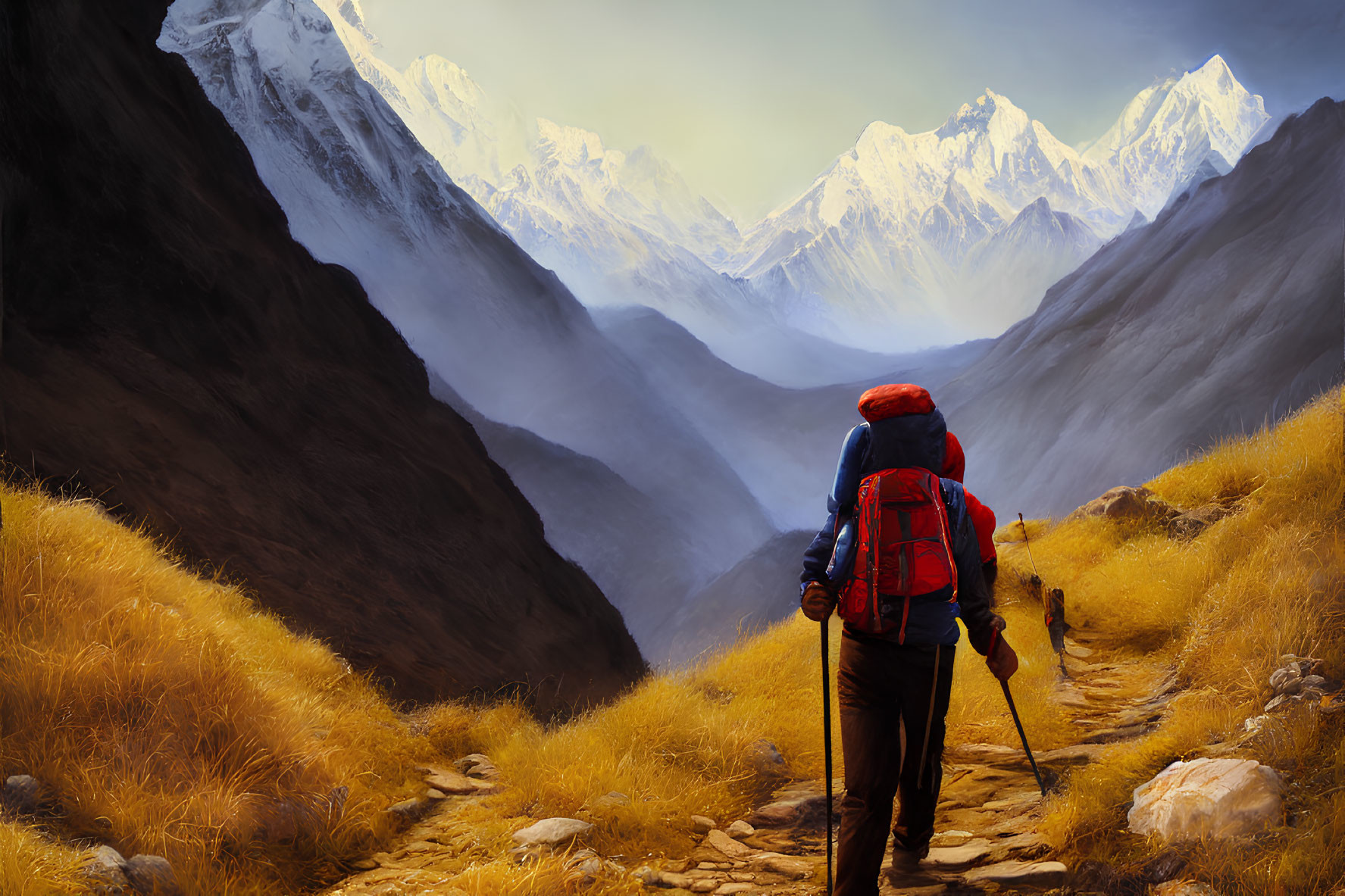 Hiker with red backpack walking on mountain path towards snowy peaks