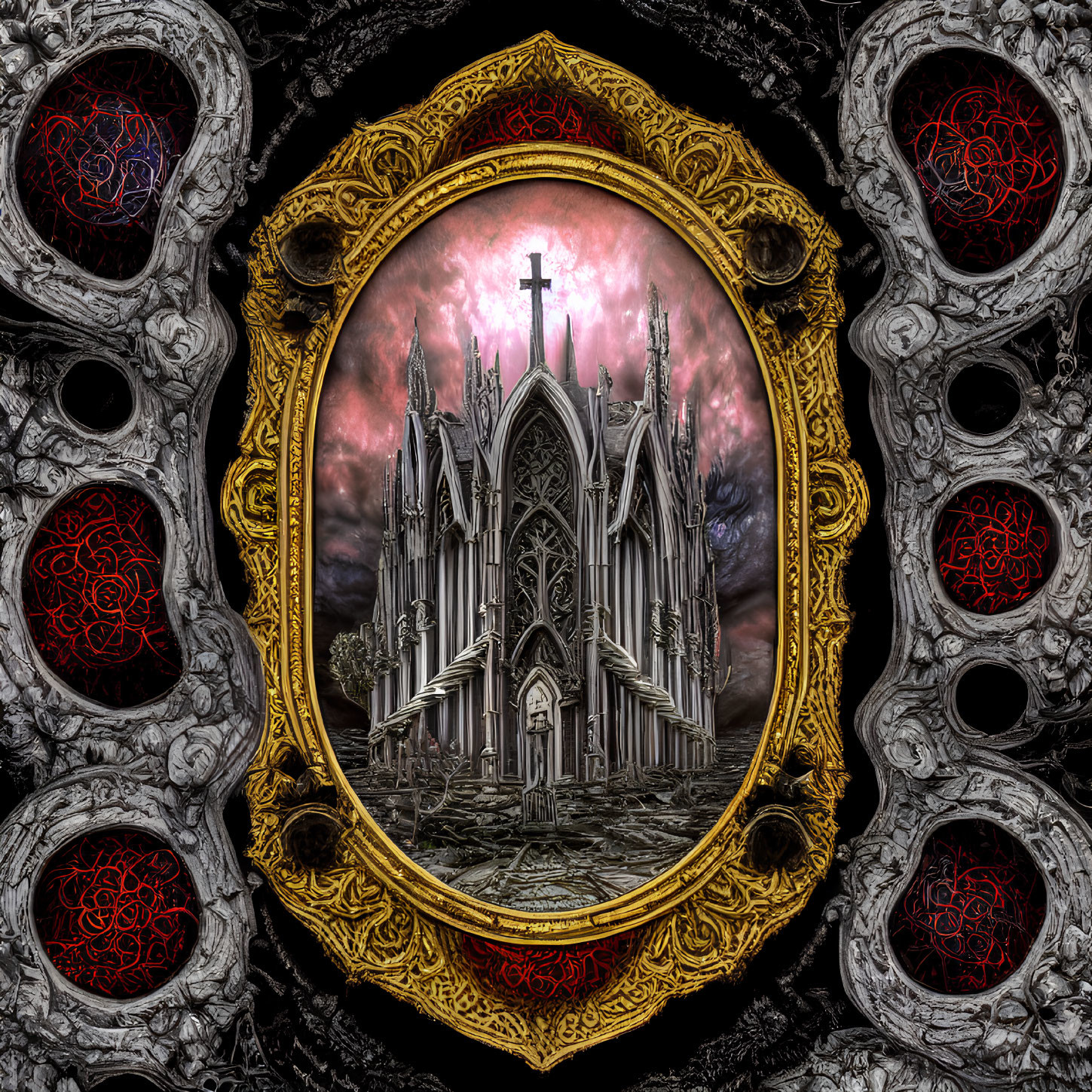 Gothic cathedral scene with glowing cross in ornate gold frame