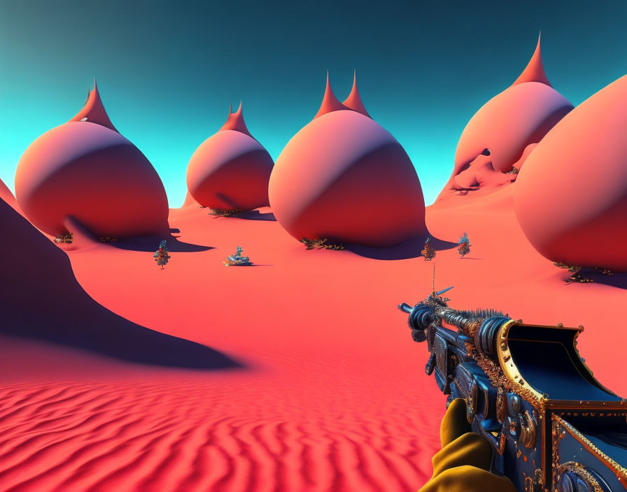 Red Sand and Onion-Shaped Structures in Surreal Landscape