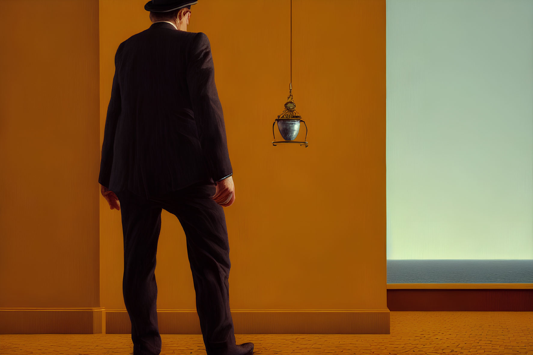 Man in suit and hat with vintage lantern by blank canvas on orange wall