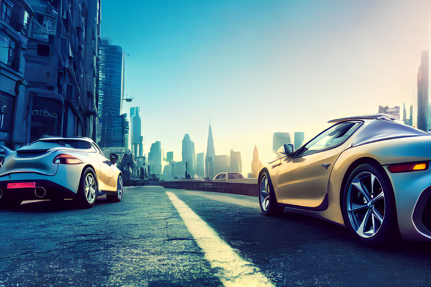 Futuristic cityscape with sleek cars, skyscrapers, and clear blue sky