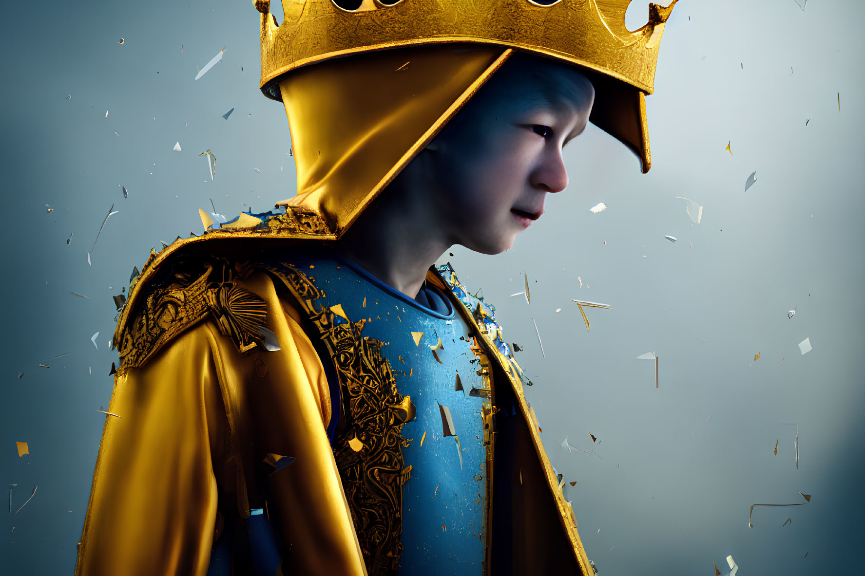 Regal young person in golden crown and blue robe with gold patterns, surrounded by golden particles on grey