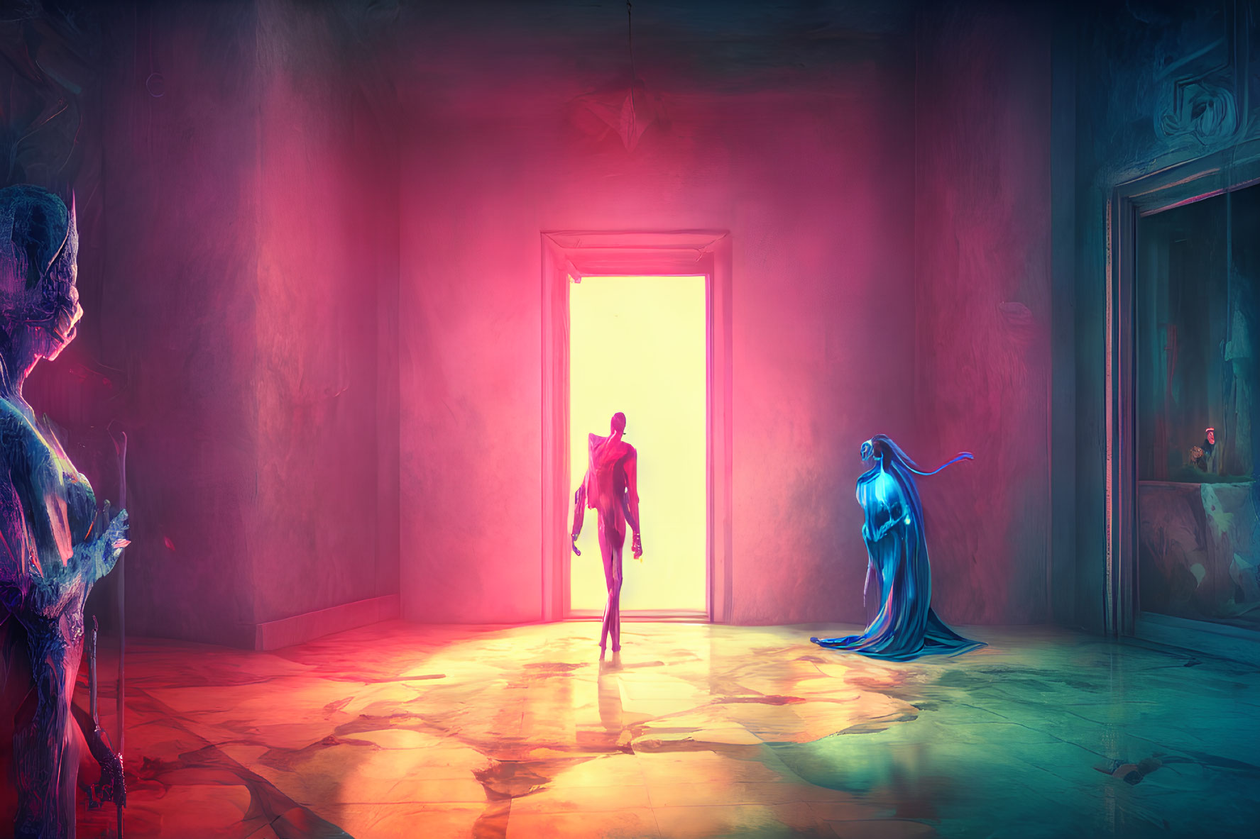 Vibrantly colored room with pink and blue hues and ghostly figures beside a person