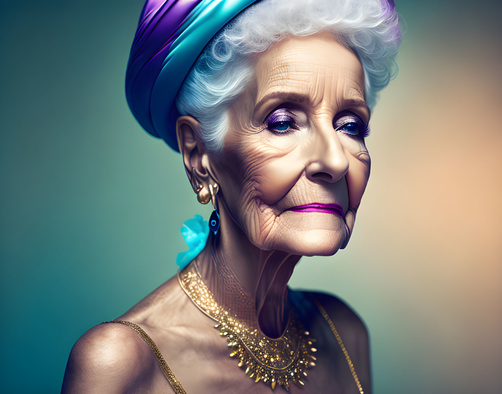 Elderly woman in colorful turban and elegant makeup against blurred background