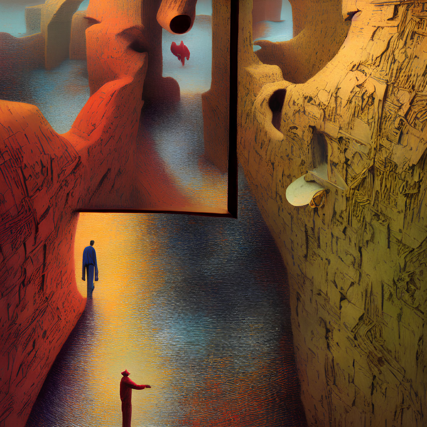 Surreal art with multiple figures in maze environment and red balloon