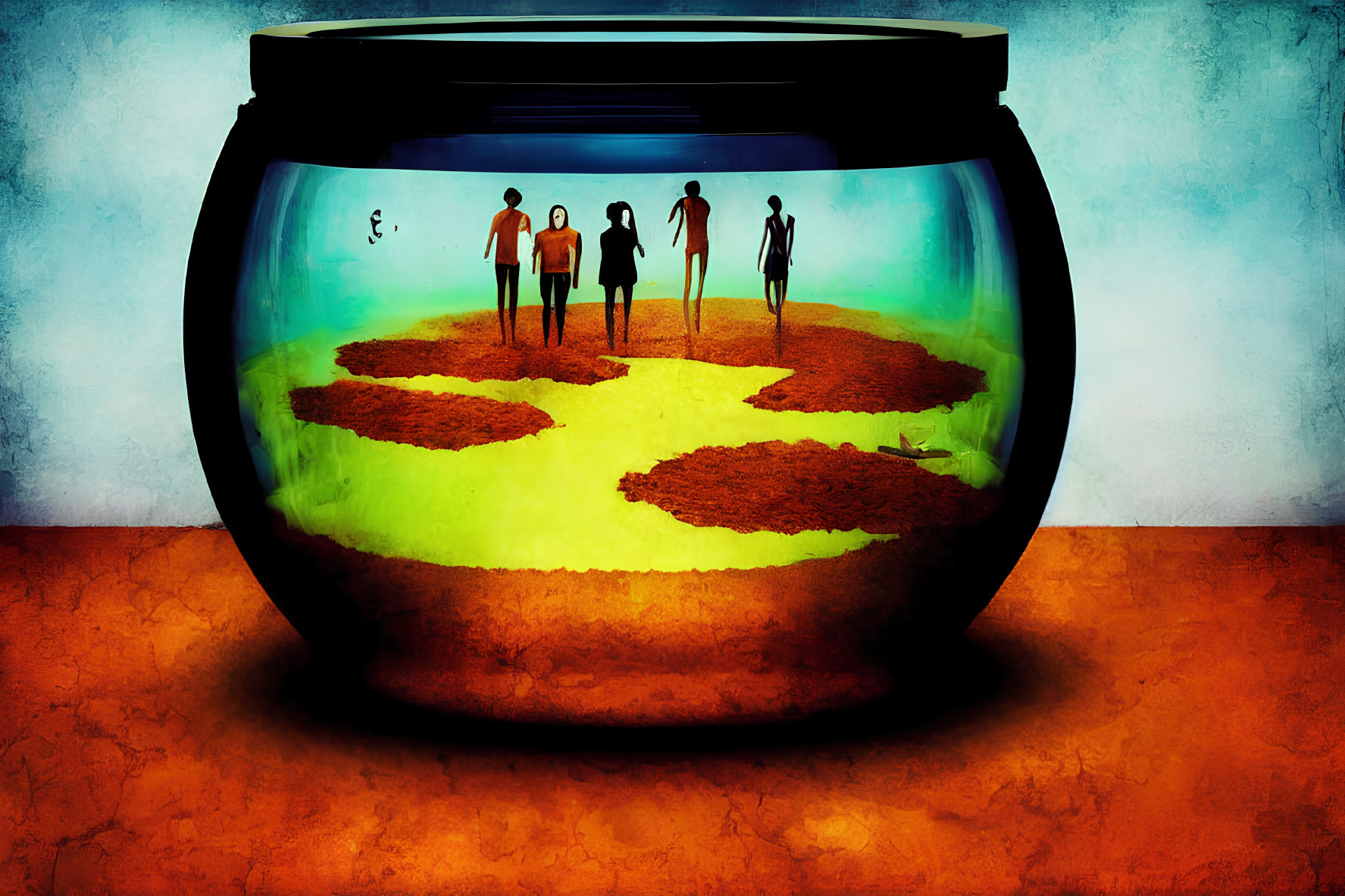 Four Silhouetted Figures in Colorful Fishbowl Scene