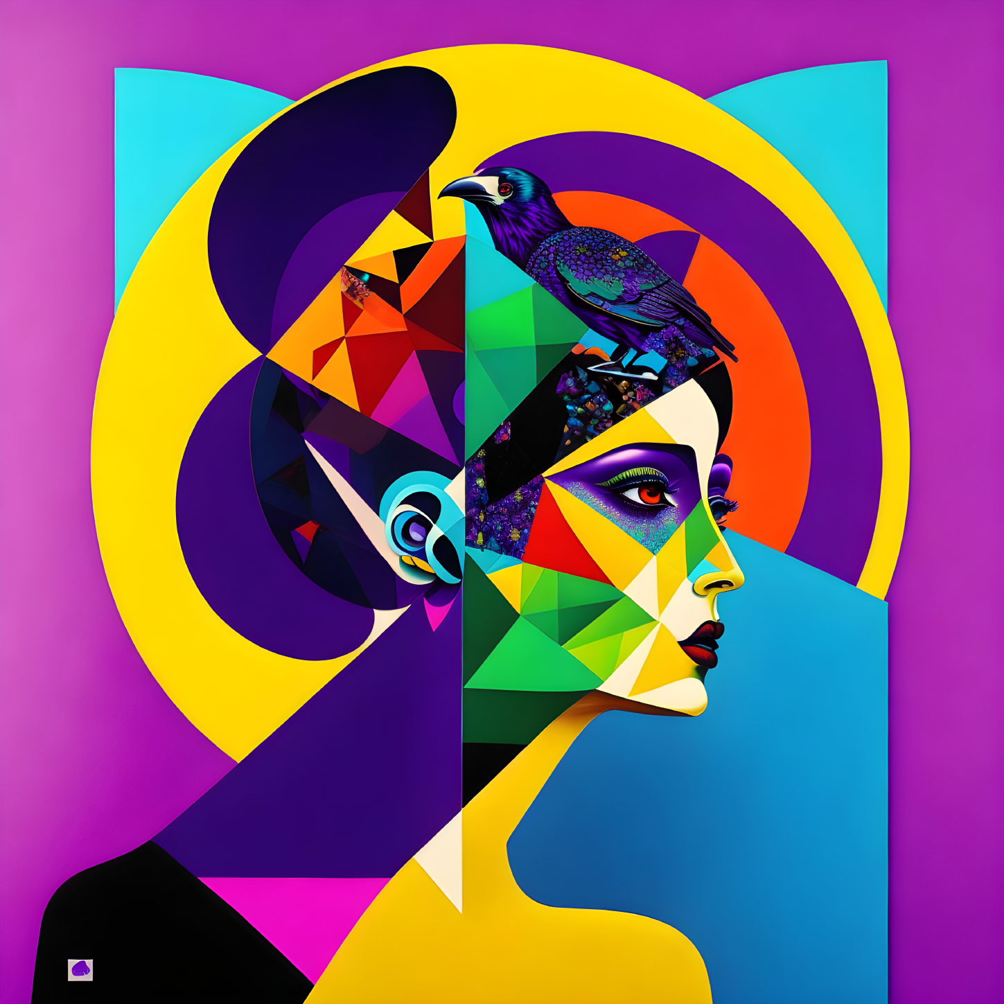 Colorful Digital Artwork: Woman's Profile with Geometric Patterns and Crow on Head