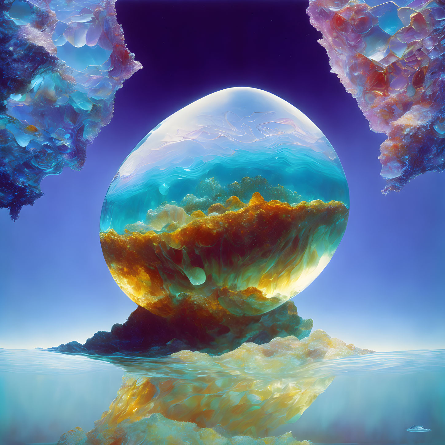 Surreal landscape with iridescent orb on rocky pedestal amid crystalline structures