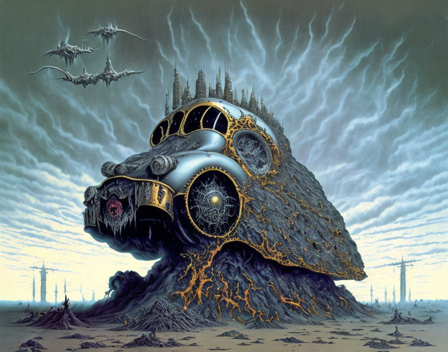 Fantastical painting of Beetle car merging with turtle creature in eerie landscape