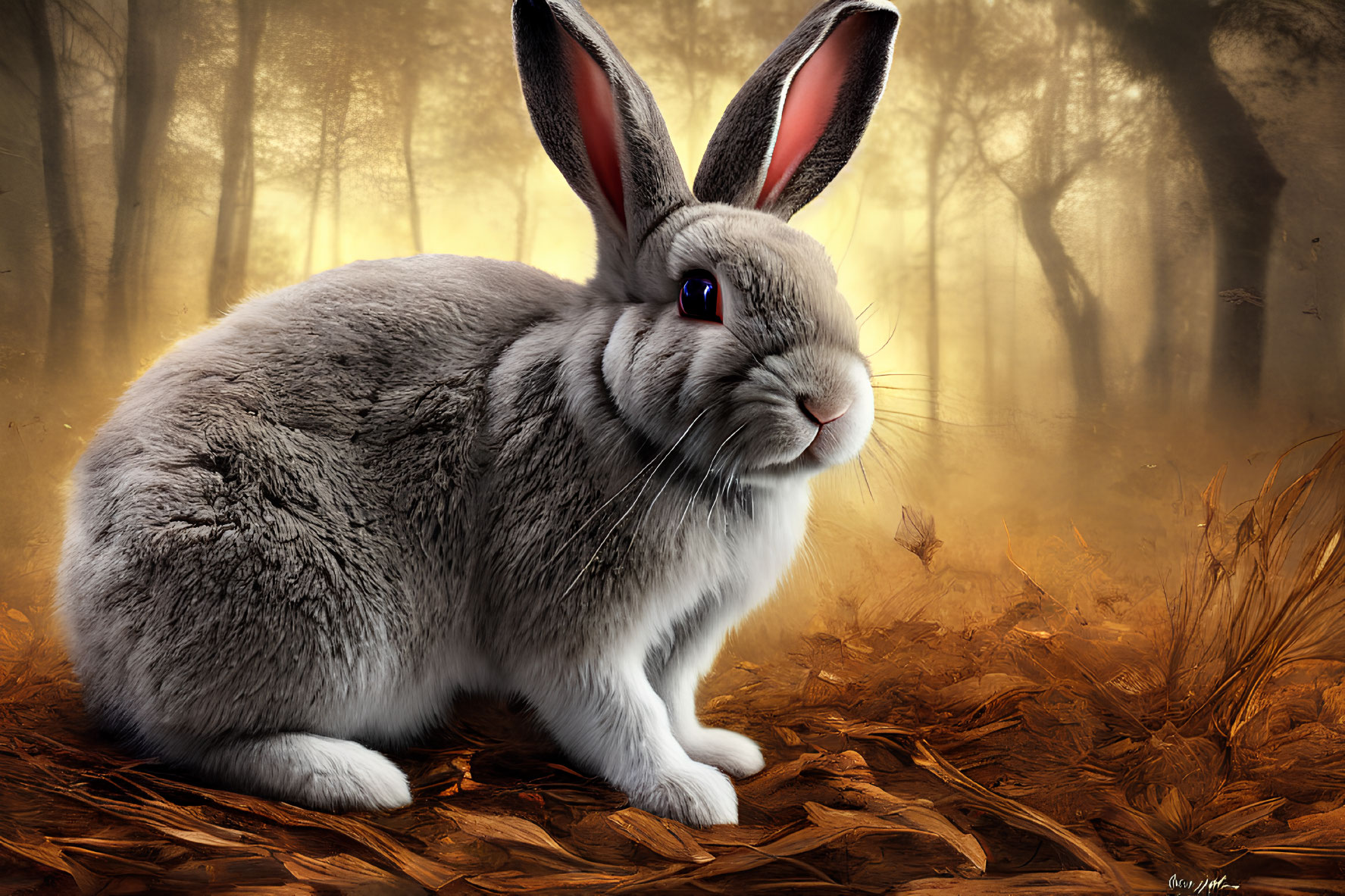 Realistic grey rabbit in mystical forest with golden light