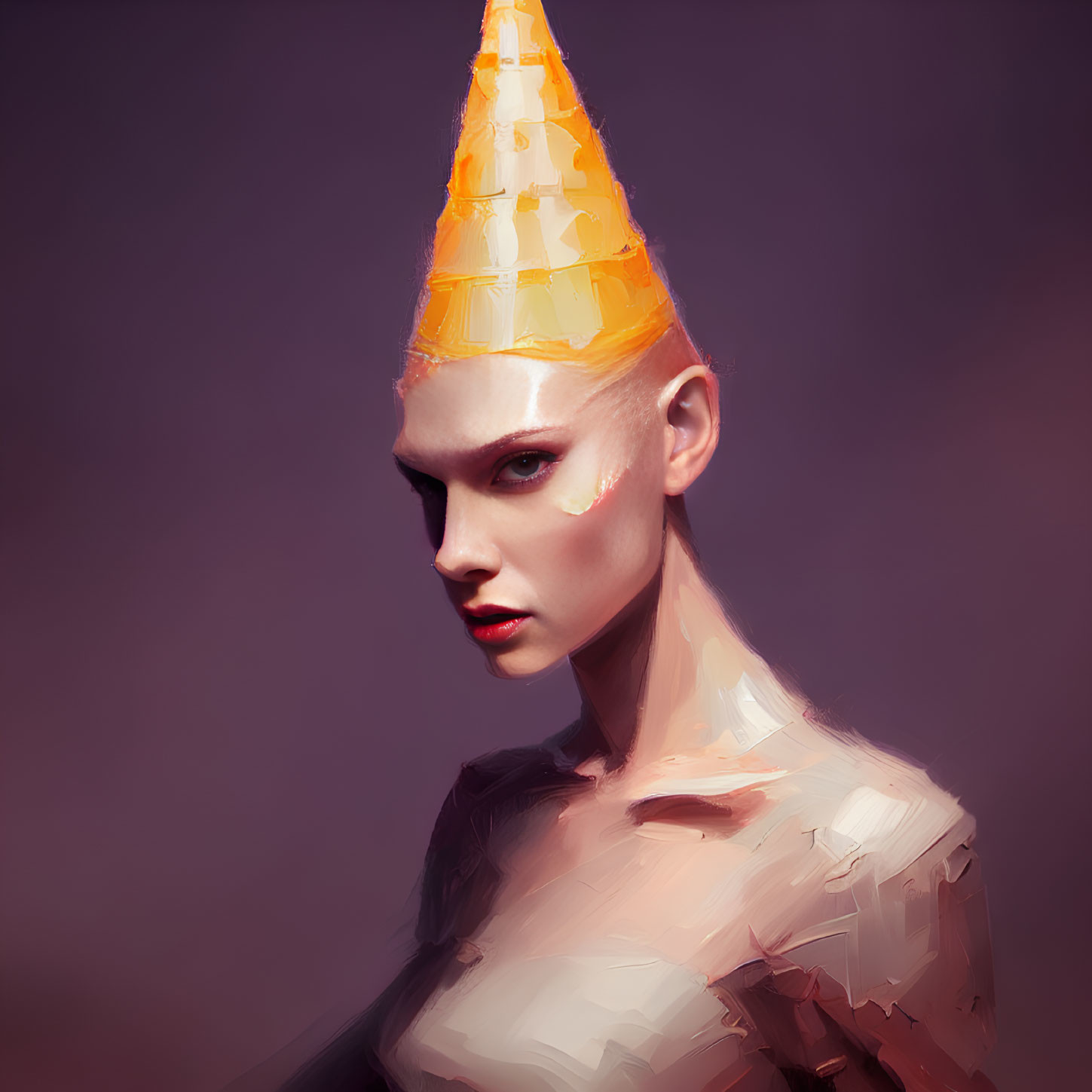 Digital portrait of person in yellow and white cone headpiece