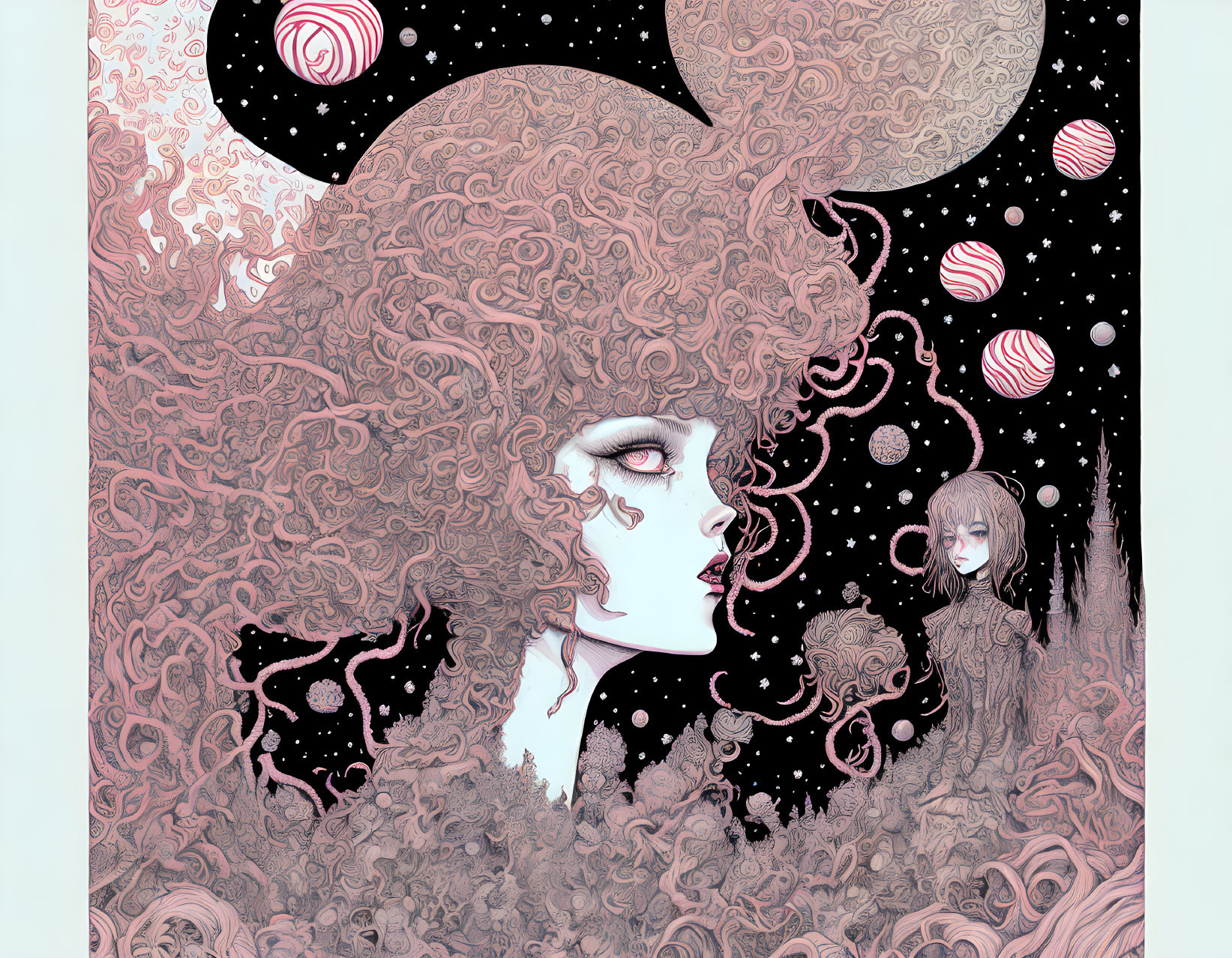 Intricate surreal illustration of woman's profile with cosmic hair and smaller figure.