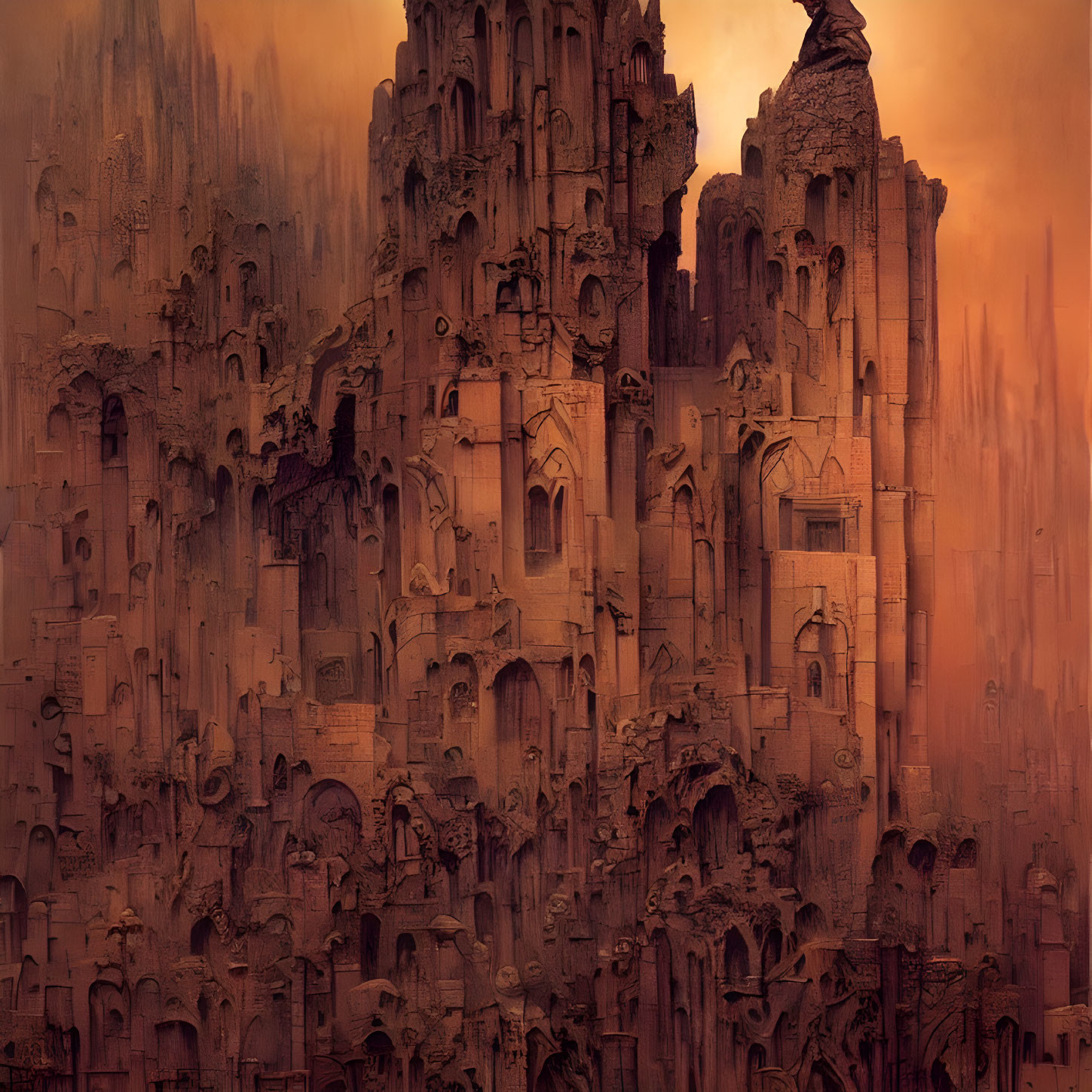 Fantasy cityscape with towering orange and brown structures in mystical amber haze