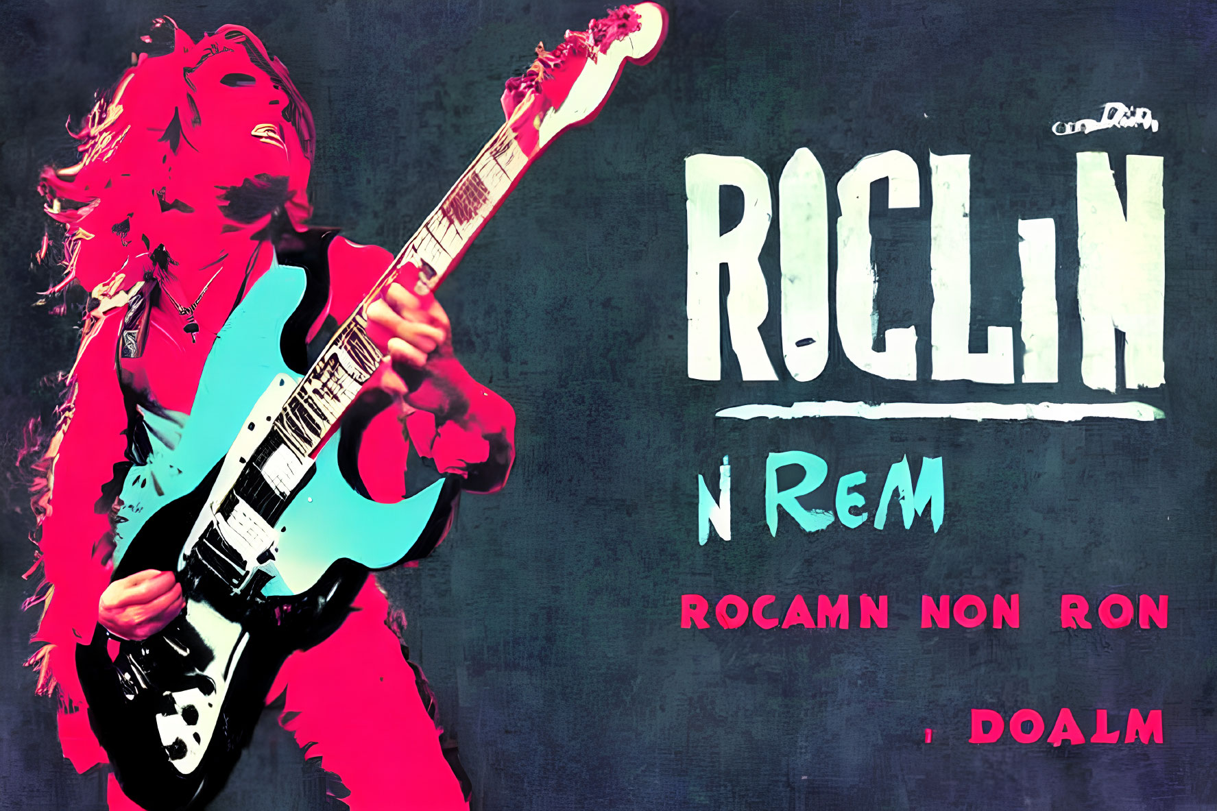 Colorful Guitarist Illustration with "ROCK'N REM" Text on Textured Background