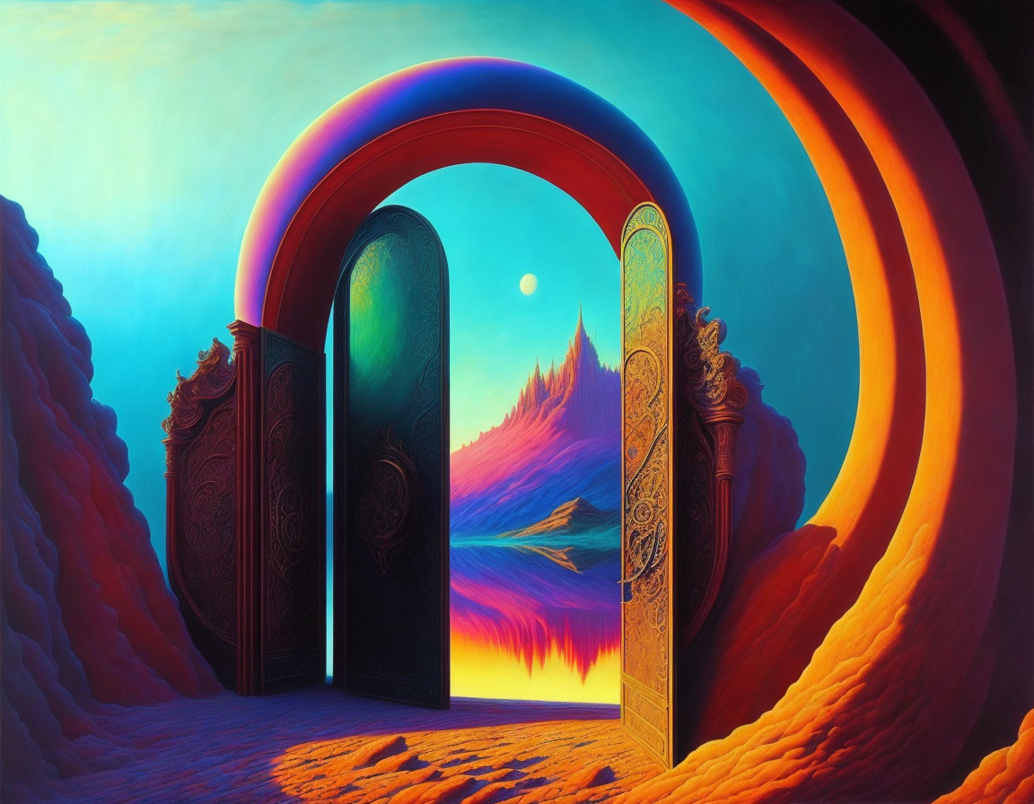 Surreal landscape featuring open double doors, vibrant sky, moon, and red mountains amid colorful terrain