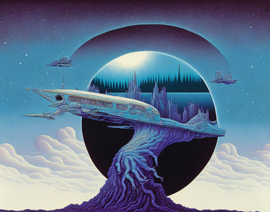 Sci-fi scene: Spaceships, tree, city, aurora on planet