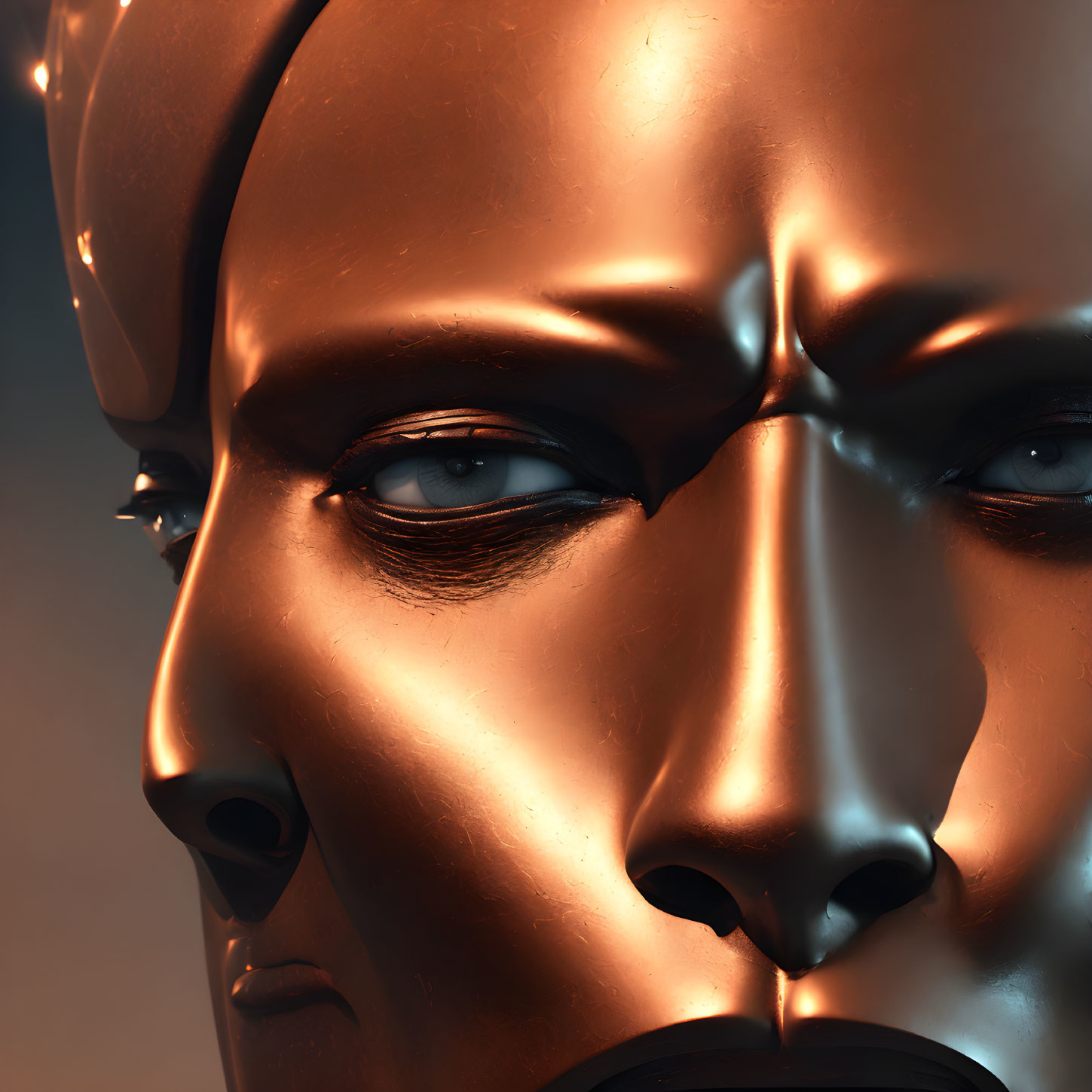 Detailed Metallic Golden Face Resembling Humanoid Robot