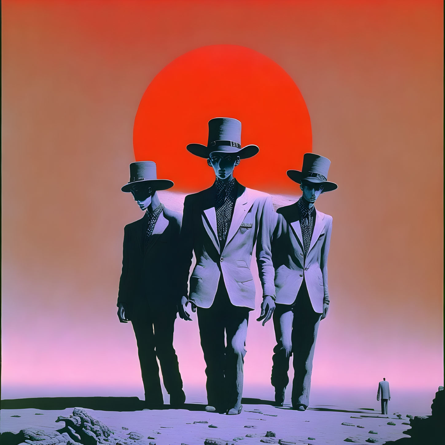 Three figures in suits and top hats before a red sun and surreal landscape