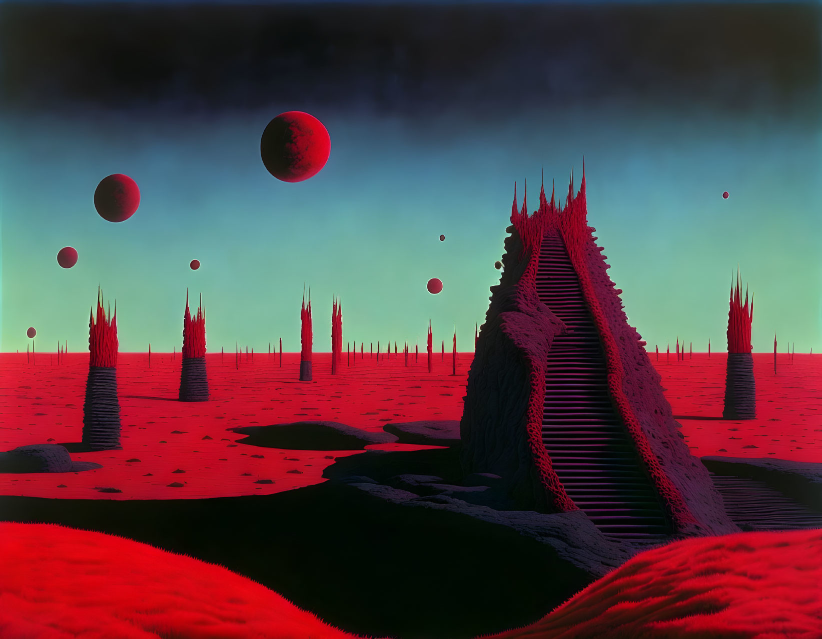 Surreal landscape with central spiky structure and floating spheres