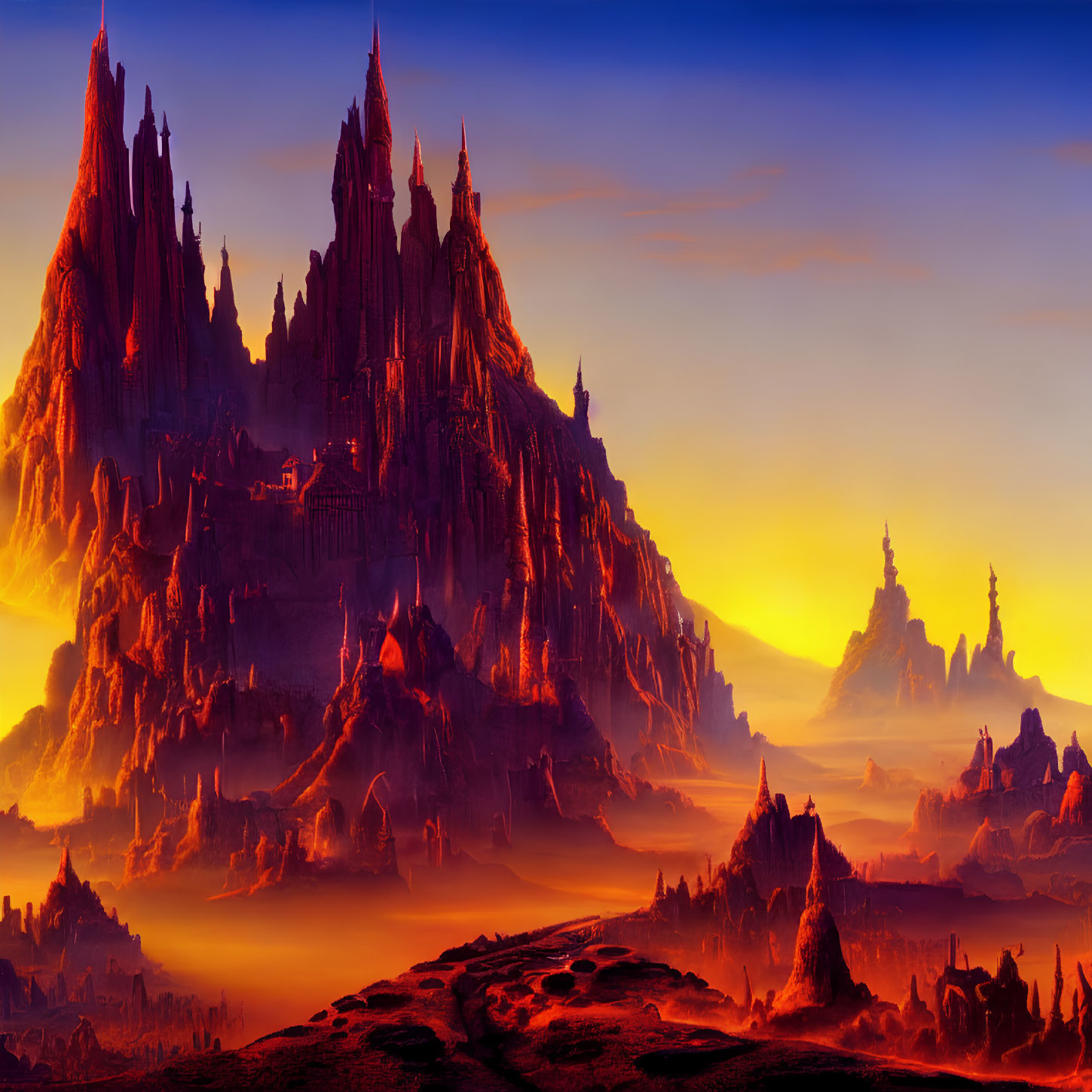 Fantastical Landscape with Towering Spires and Rock Formations