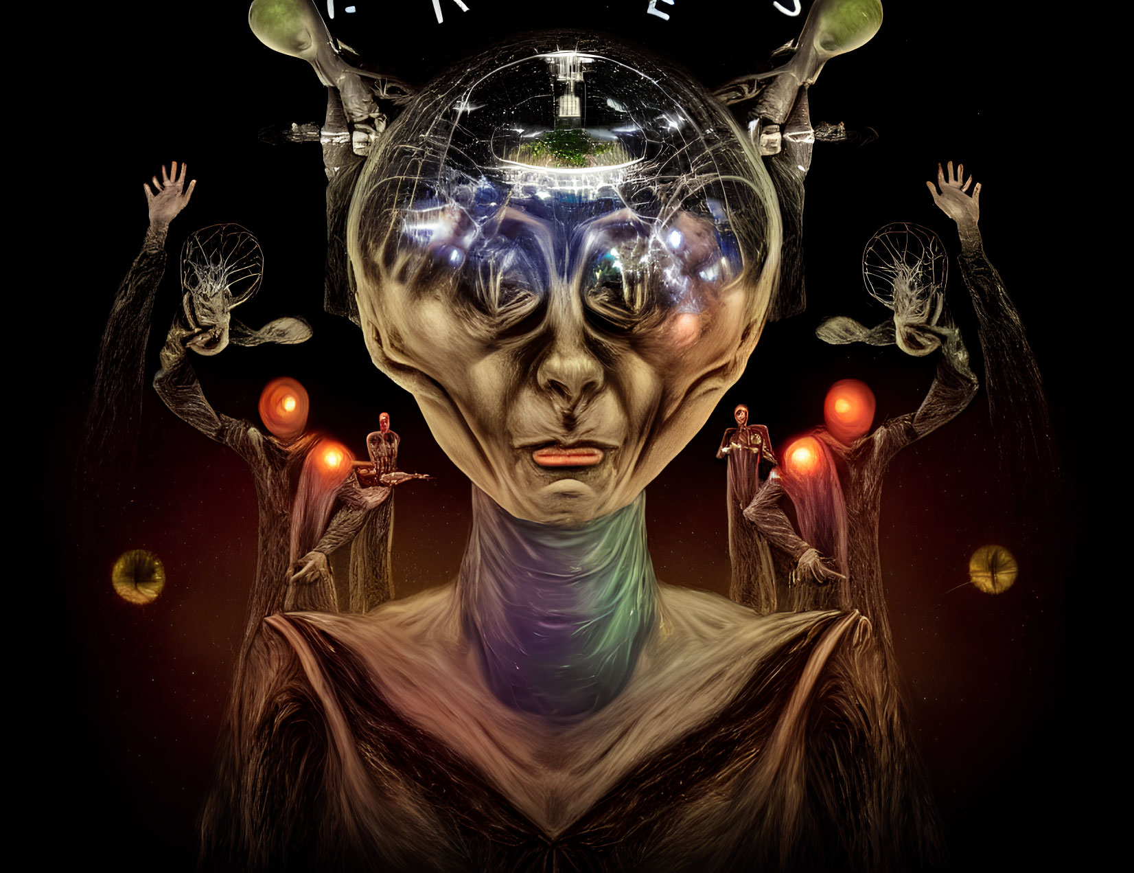 Surreal digital artwork: Alien figure with multiple arms holding symbols, transparent globe-head with cosmic scene