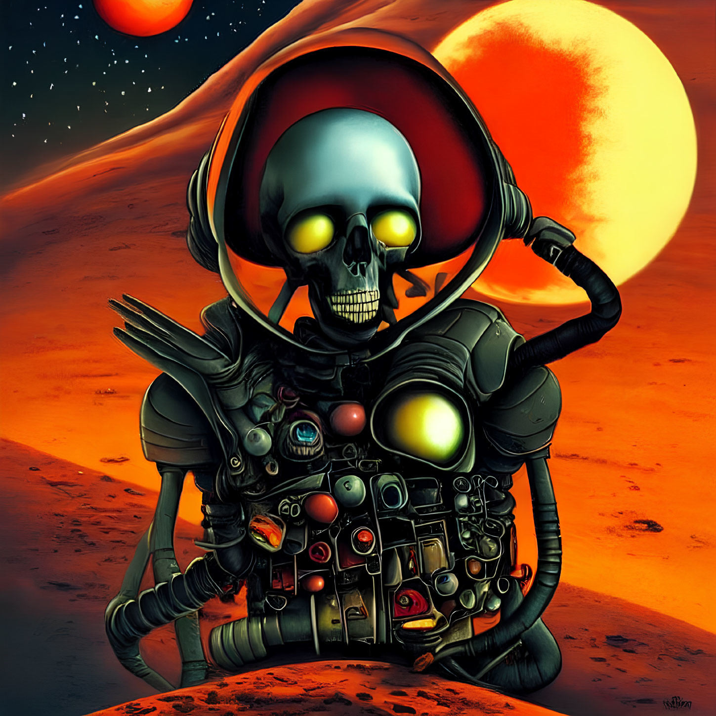 Skeletal figure in spacesuit on planetary surface with two suns