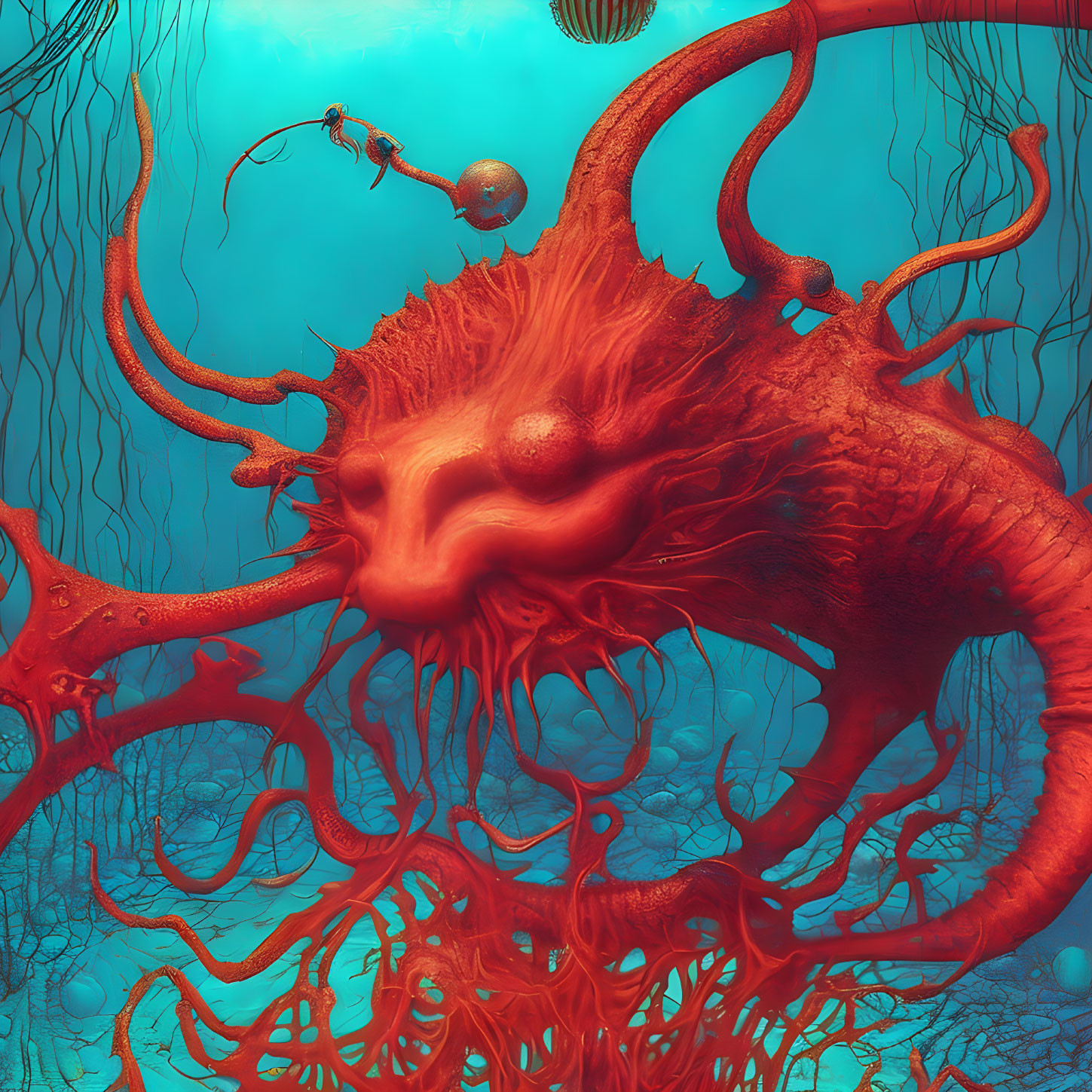 Colorful surreal illustration: Giant red cephalopod with tentacles in underwater scene