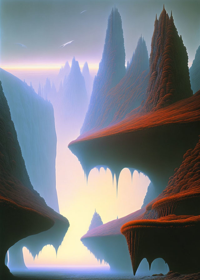 Surreal landscape with towering spiky formations under a purple sky