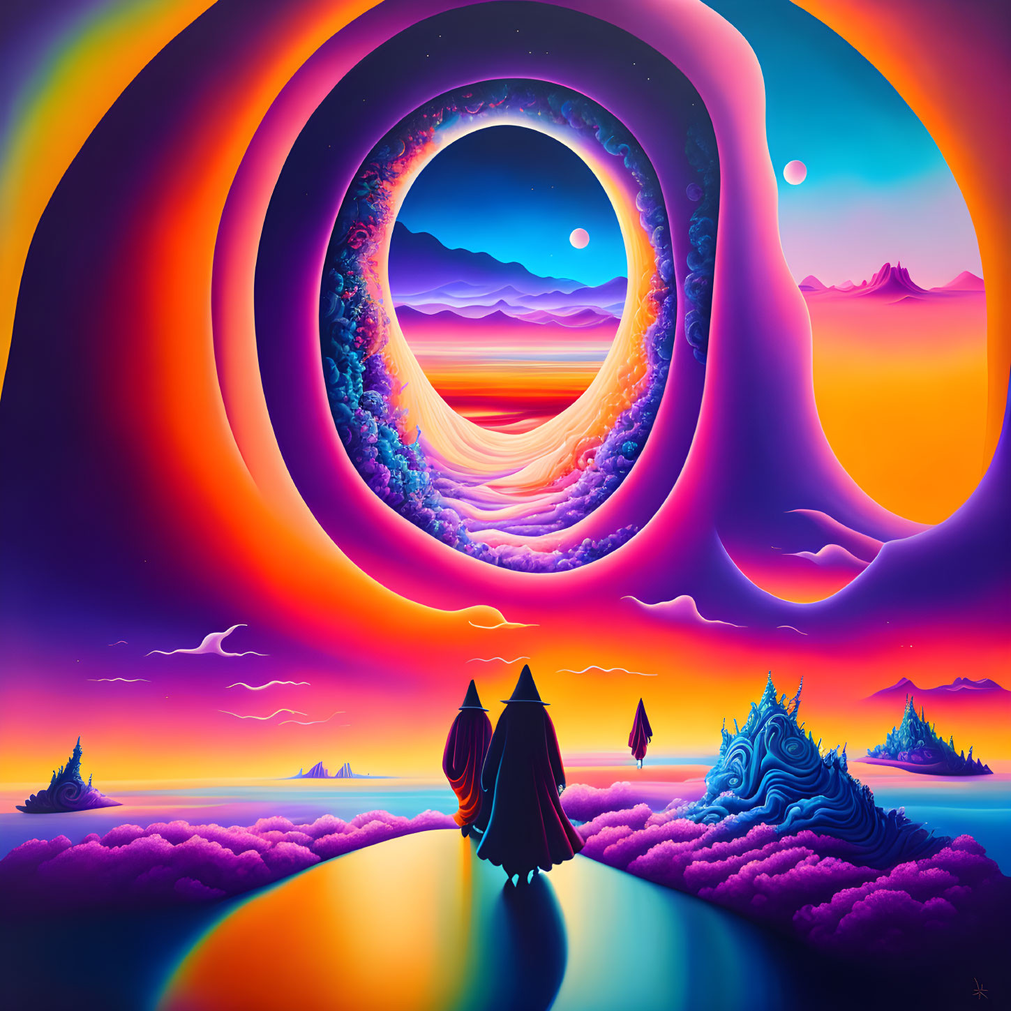 Vibrant surreal landscape with cosmic loop, mountains, and twilight sky