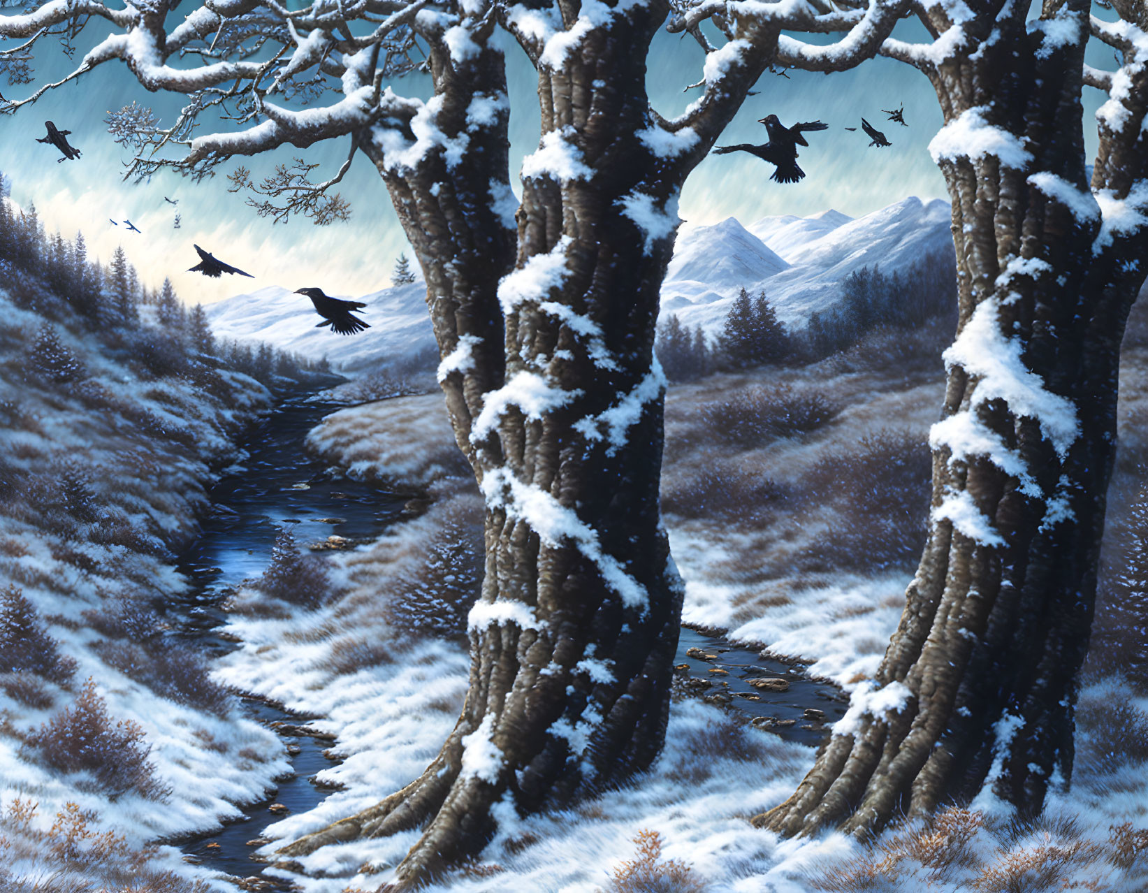 Snow-covered winter landscape with bare trees, flying crows, stream, mountains, and cloudy sky