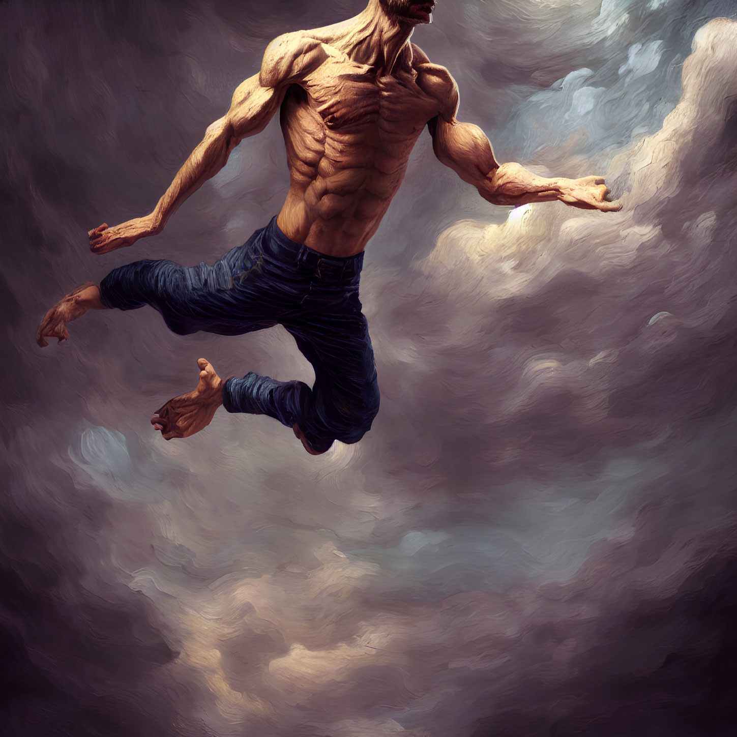 Muscular Shirtless Man Soaring in Dramatic Cloud-Filled Scene