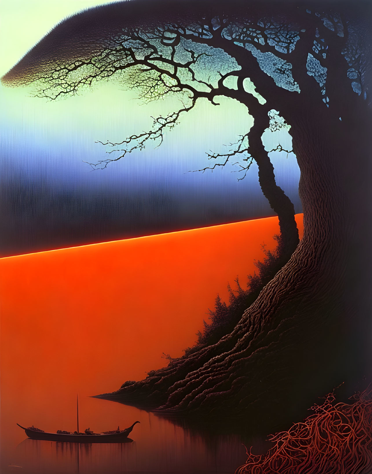 Twisted tree silhouette at dusk with fiery orange hues, blue gradient sky, and small boat on calm