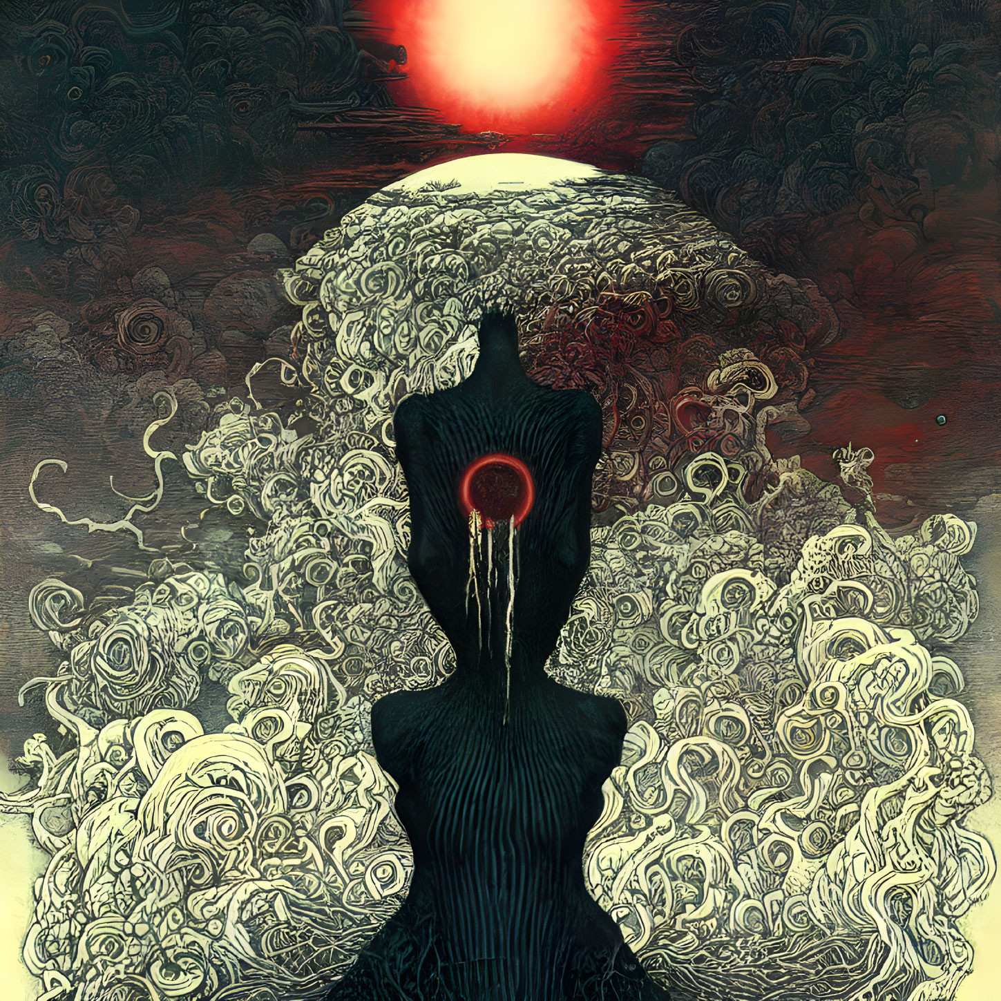 Surreal illustration of figure with red circular core and swirling patterns