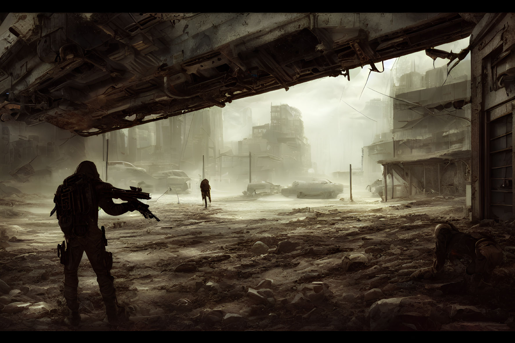 Person with weapon in dystopian setting with derelict buildings and hovering spaceship