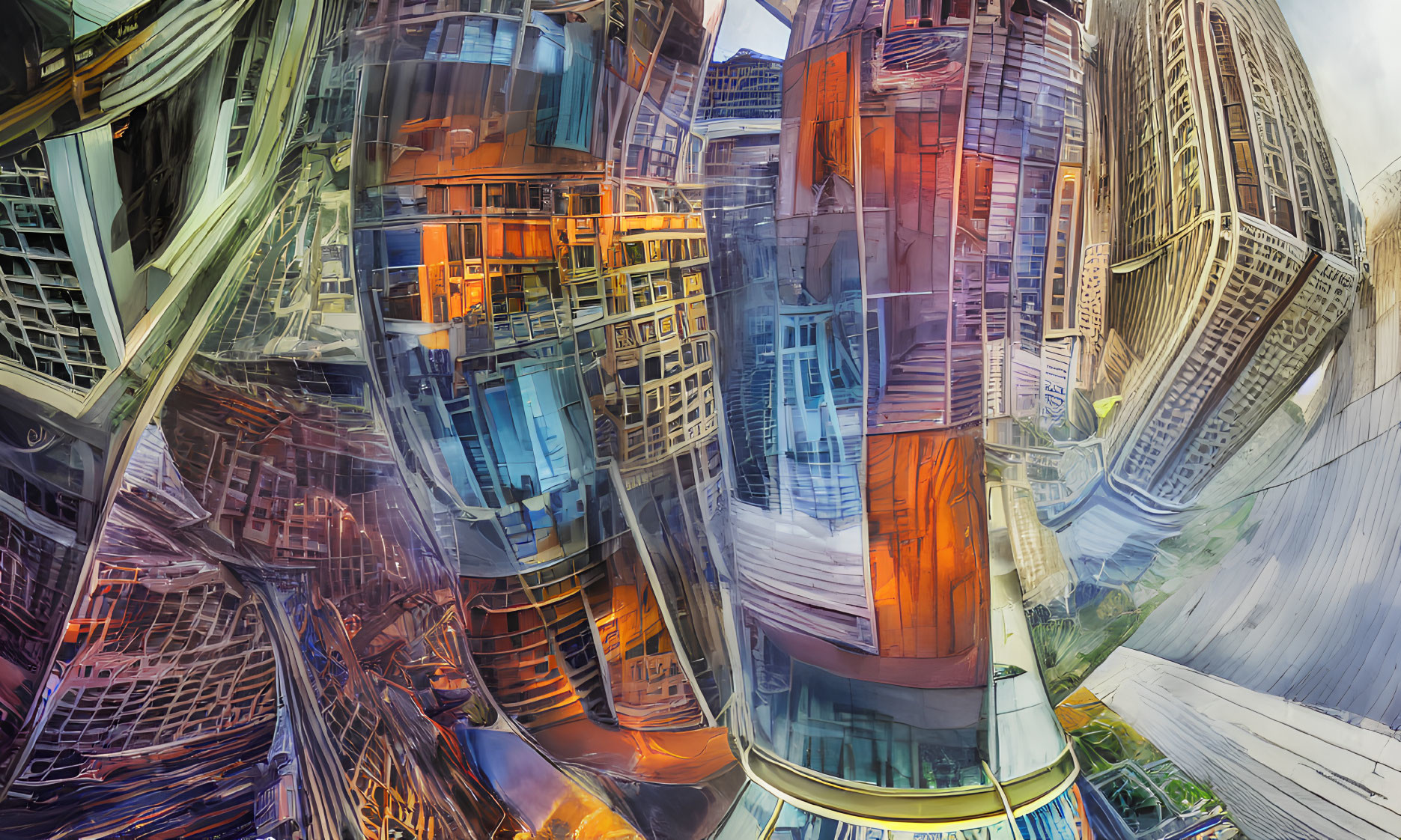 Colorful surrealistic image of distorted skyscrapers with kaleidoscope reflections