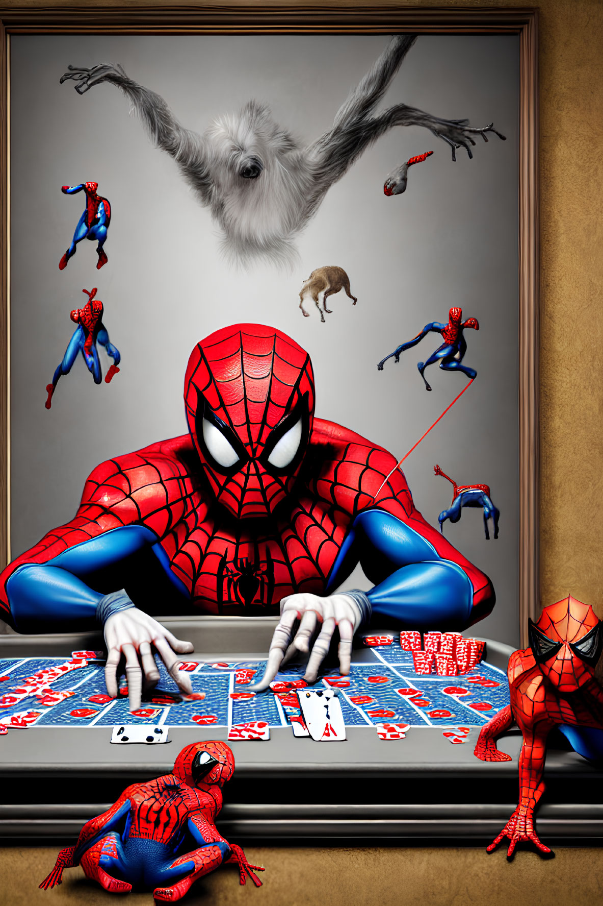 Spider-Man themed artwork with multiple characters playing cards and a hanging gibbon