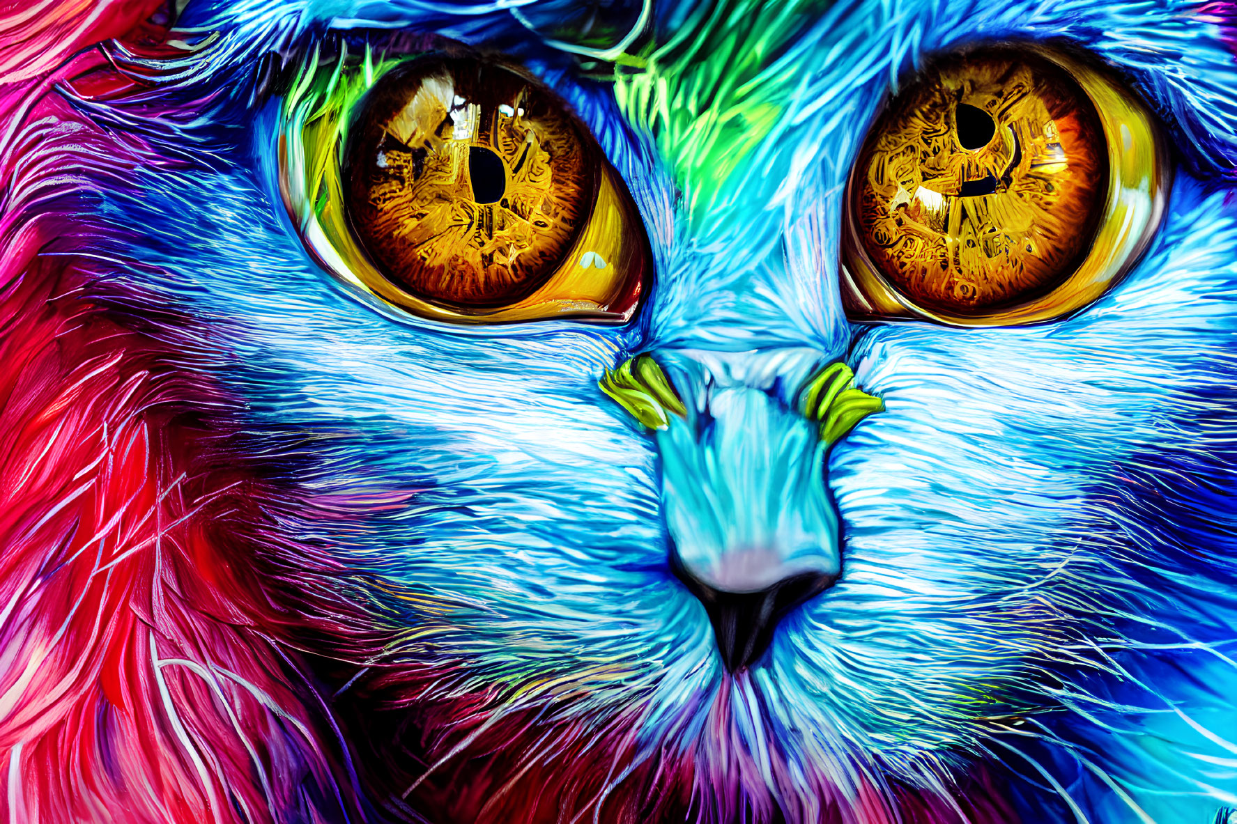 Colorful digital artwork featuring cat's face with detailed yellow eyes and vibrant blue, red, and purple