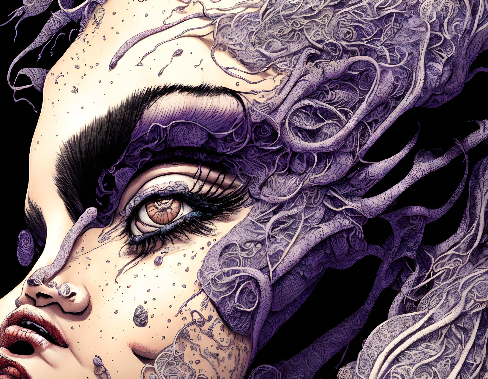 Detailed surreal illustration: Female face with elaborate purple patterns