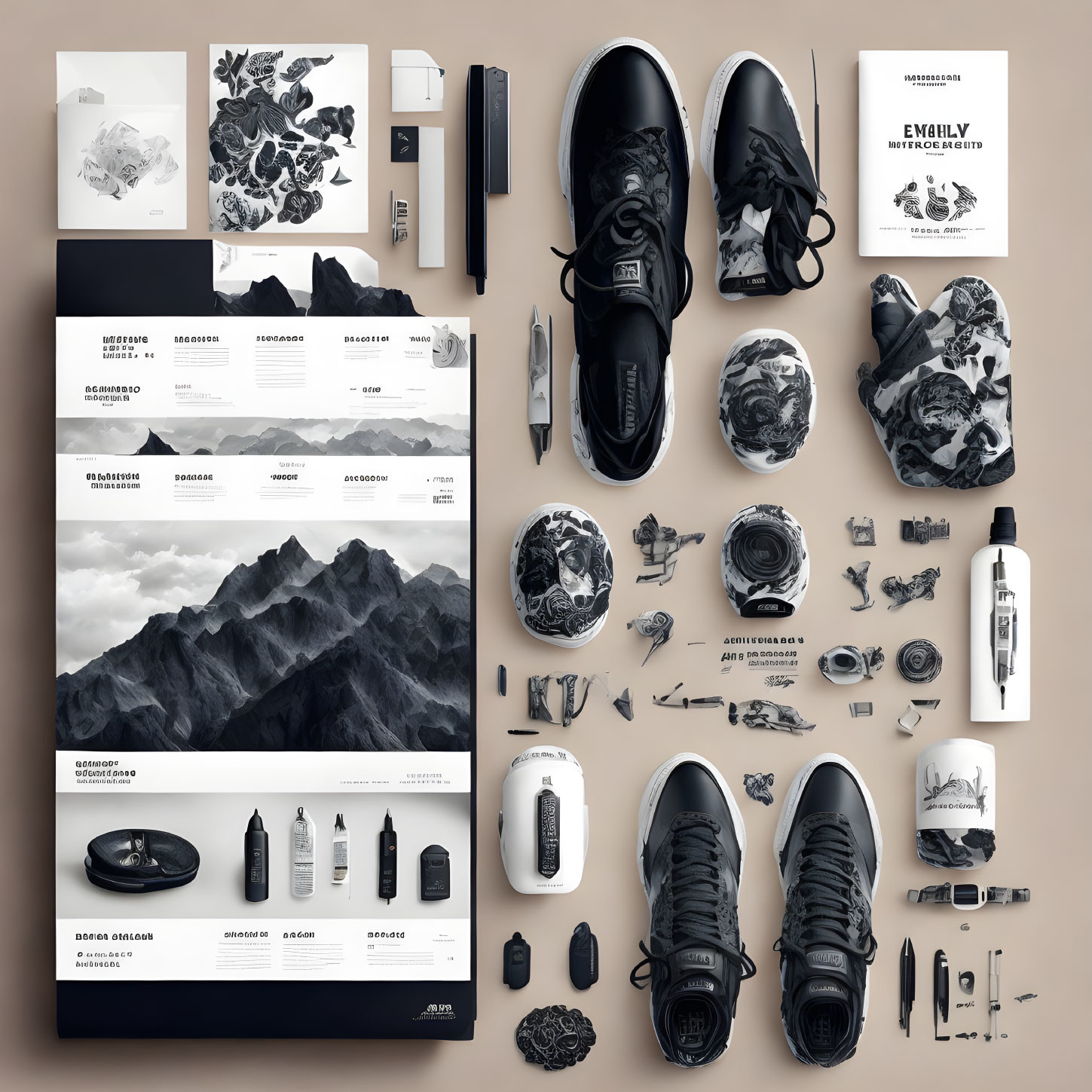 Monochrome Mountain-Themed Branding Materials Flat Lay