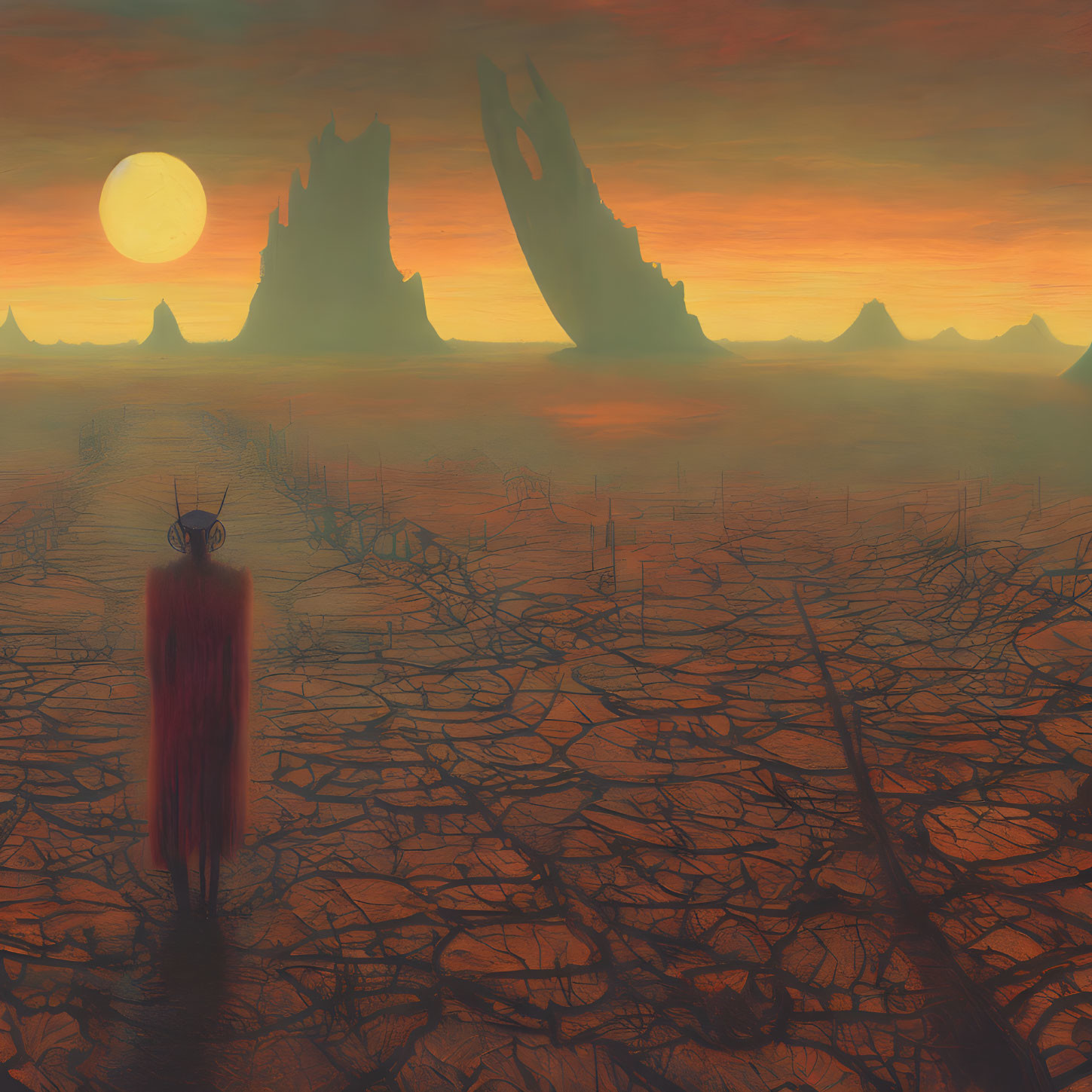 Barren landscape under reddish sky with moon and cloaked figure