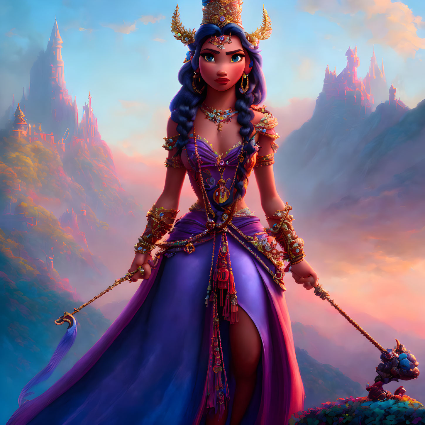 Regal animated character in purple and gold attire with scepter at dusk